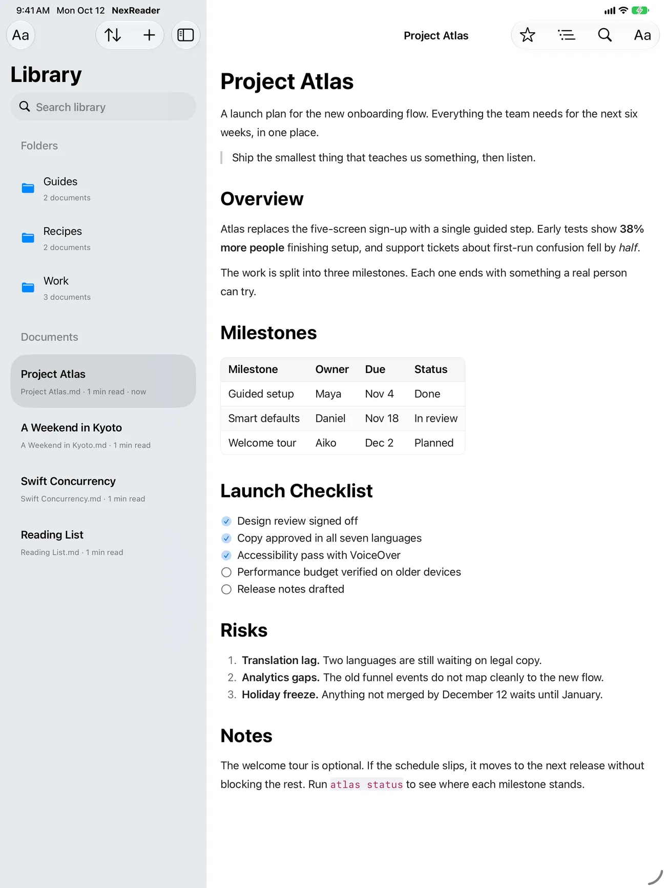 NexReader on iPad, library beside the page