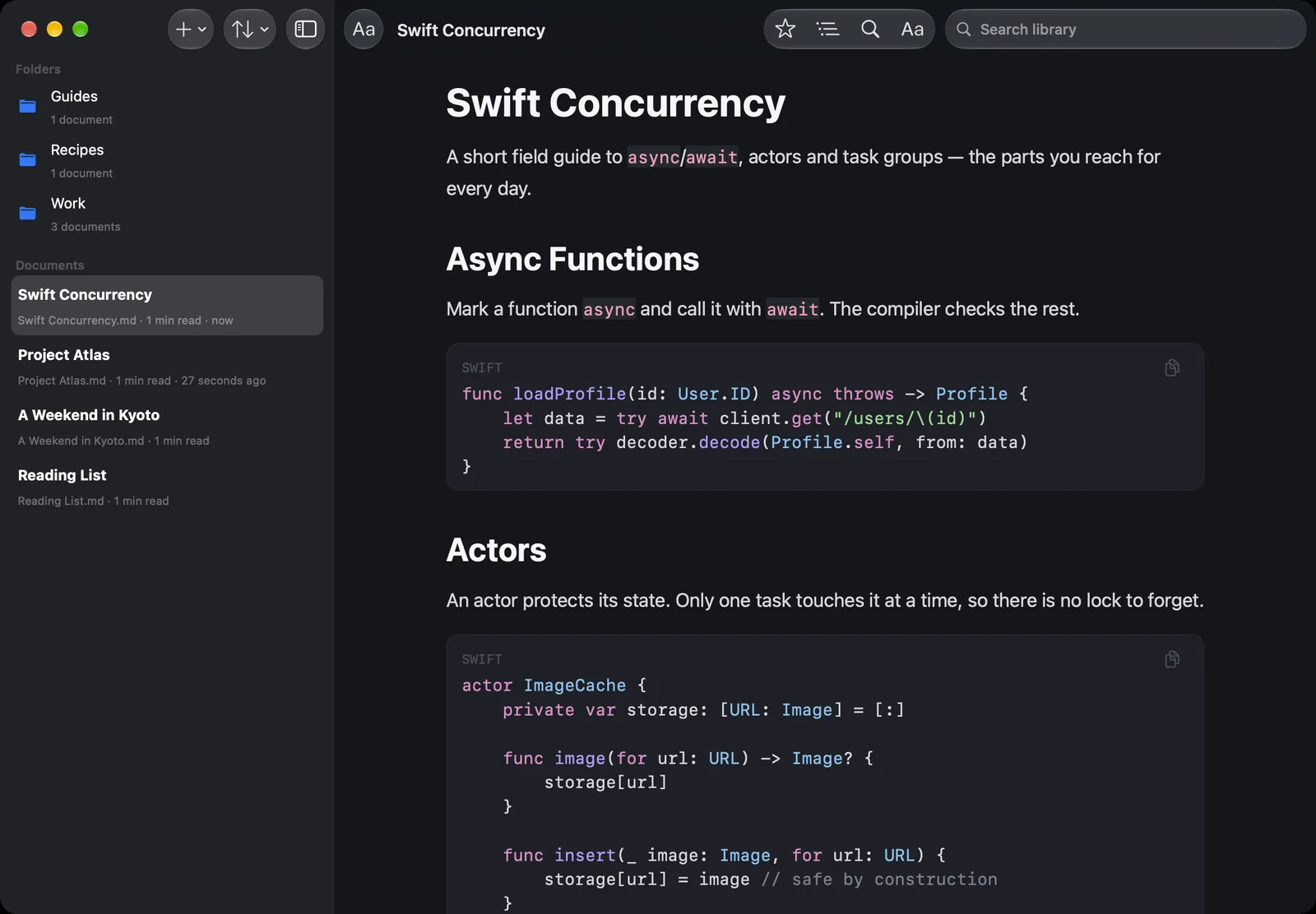 NexReader on the Mac, Midnight theme